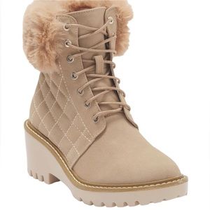 Nicole Miller Faux Fur Tan Brown Vegan Suede Leather Lug Sole Boot
